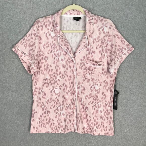 Tahari Shirt Womens Large Pink Leopard Ribbed Button Sleep Pajama PJs Soft Cozy - Picture 1 of 9